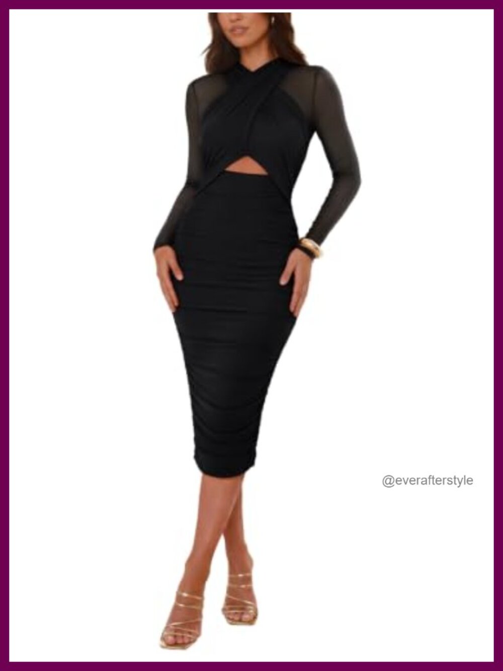 Sexy Mesh Midi Dress for Women Long Sleeve Ruched Bodycon Club & Night Out